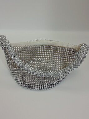Silver Beaded Hobo Shoulder Bag Y2K Evening Party Purse Rhinestone Look